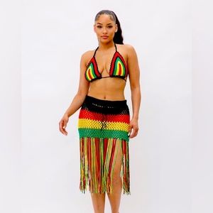 Crochet Acrylic Hollow Out Knitted Cover Up Bra Top And Fringe Skirt Set